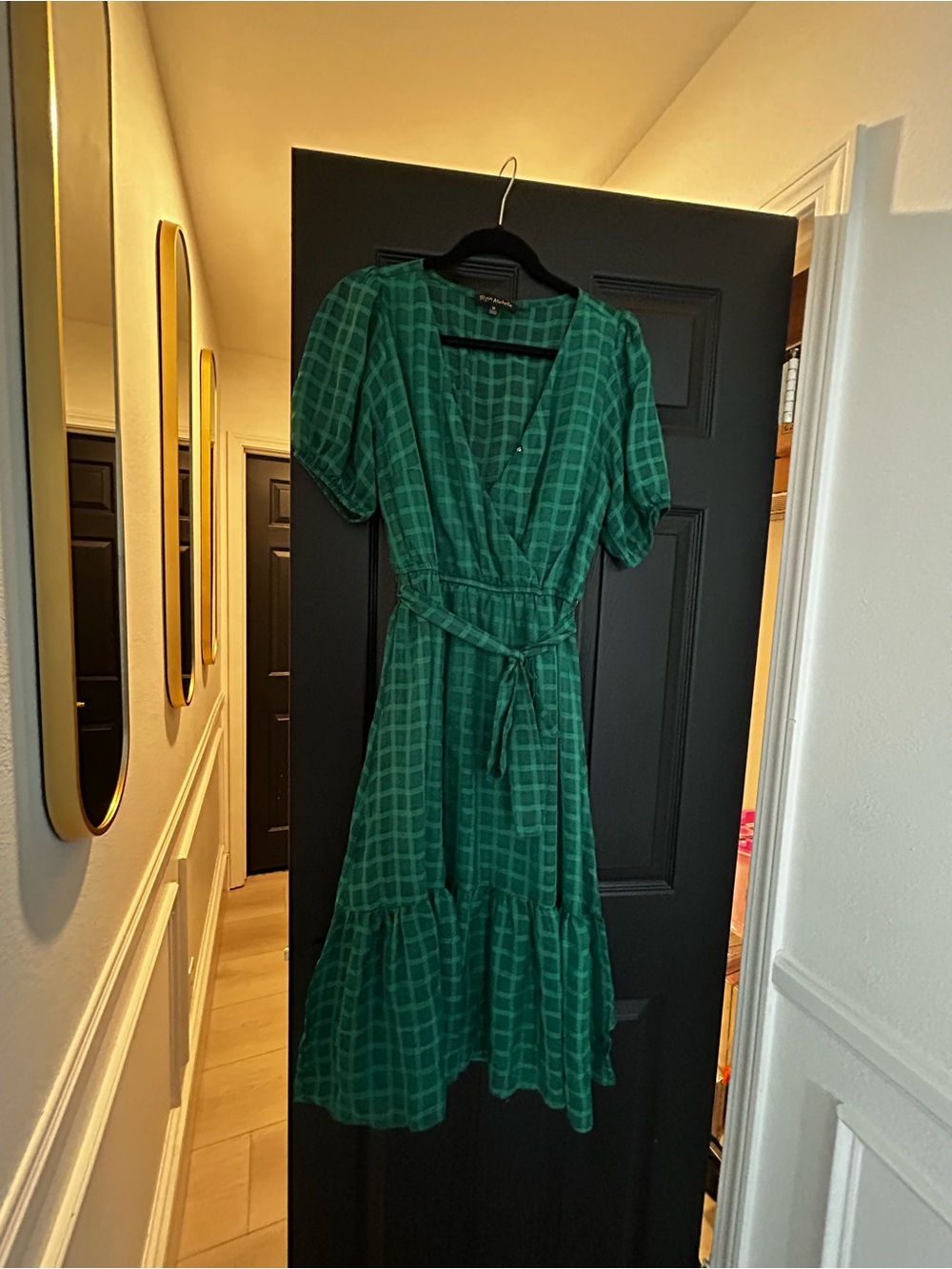 Green Check Wrap Midi Dress